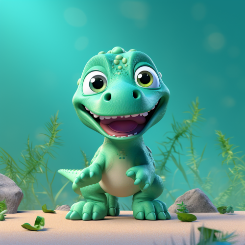 Cute green dinosaur in clay animation, with big eyes.
