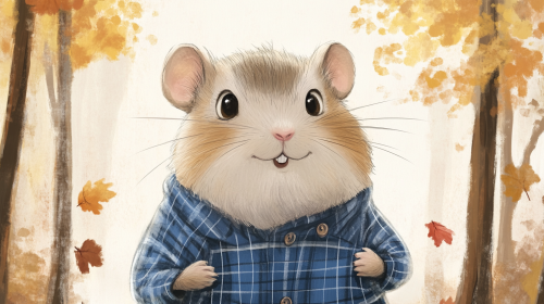 Cute hamster in blue shirt with autumn forest background