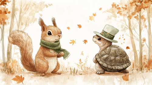 Cute squirrel and old turtle in forest