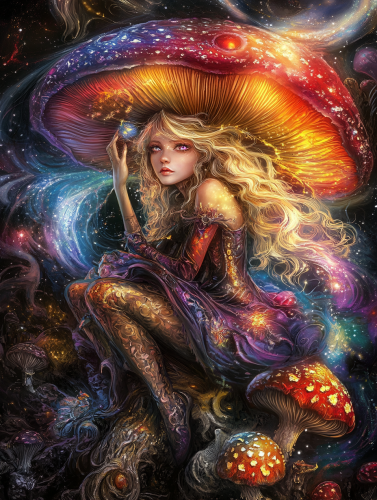 Cute witch on rainbow mushroom rides through space.