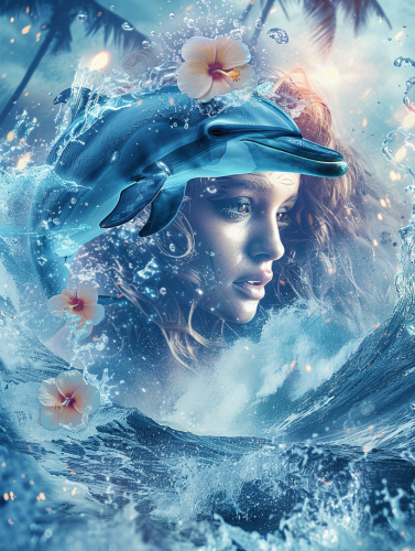 Cyberpunk dolphin in cosmic waves with beauty queen. Cyberpunk dolphin in cosmic waves with beauty queen.
