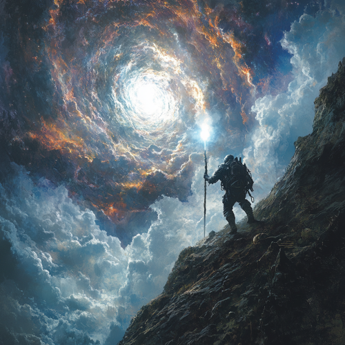 Cyborg Climbing Mountain with Beam of Light - Stock Photo