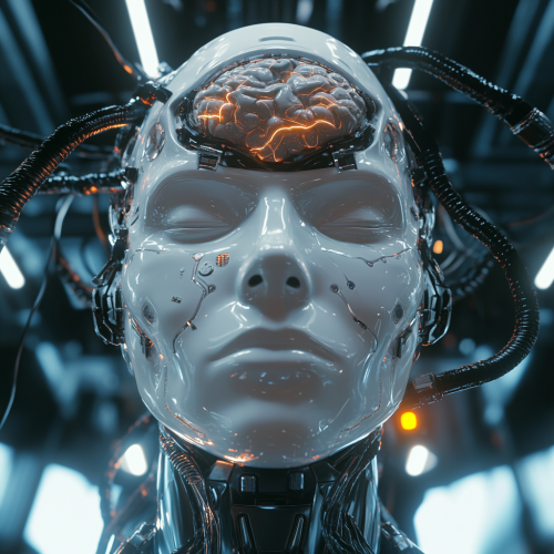 Cyborg head with closed eyes, transparent top, mechanical brain.