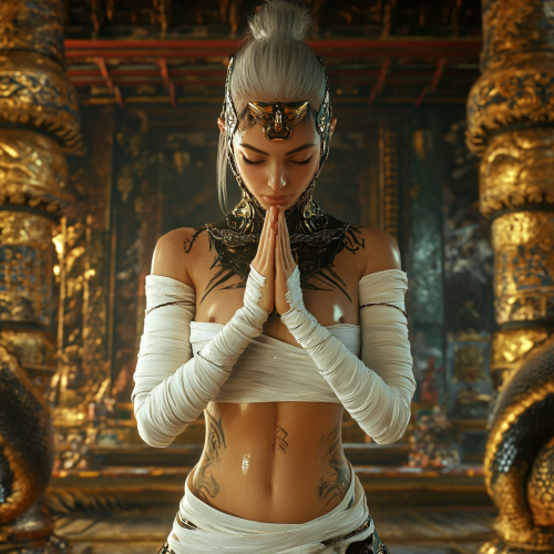 Cyborg woman in gold and black, praying in temple.