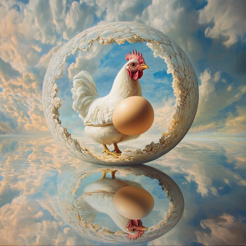 Cyclical blend of chicken and egg in surreal style.