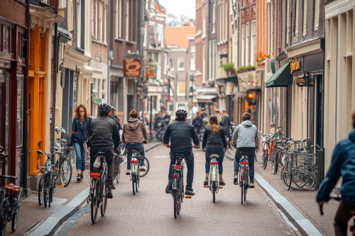 Cyclists ride in city with restaurants, shops