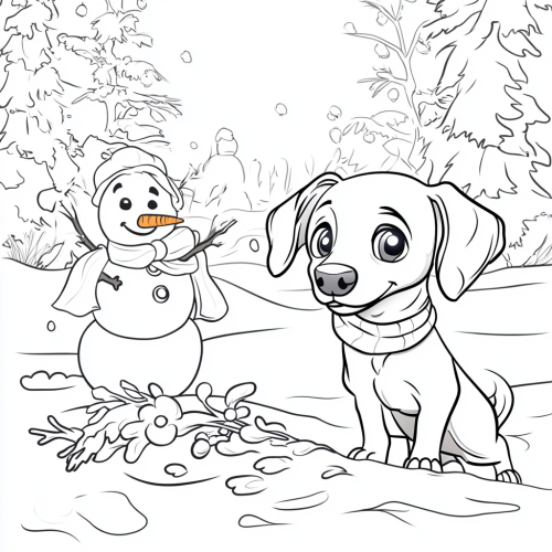 Dachshund playing with snowman, simple black and white.