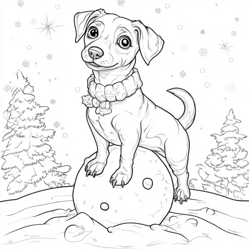 Dachshund with snowman in Christmas coloring book page