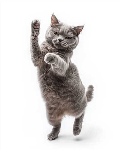 Dancing British Shorthair cat in gymnastic pose.