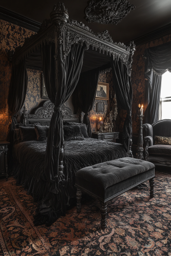 Dark Decadent Western Gothic bedroom with velvet, candelabra, tapestries.
