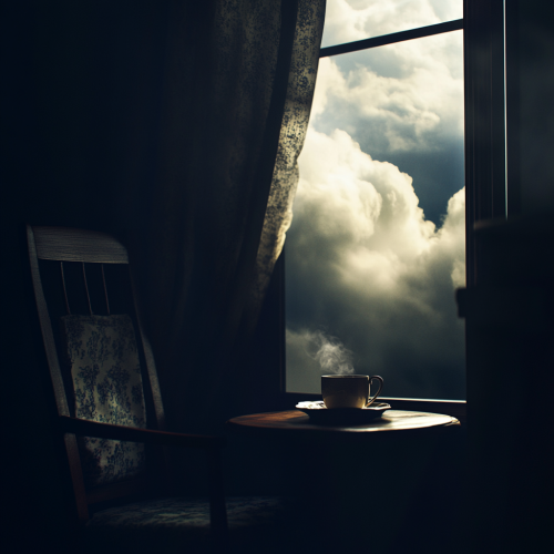 Dark Room with Tea Cup on Messy Table