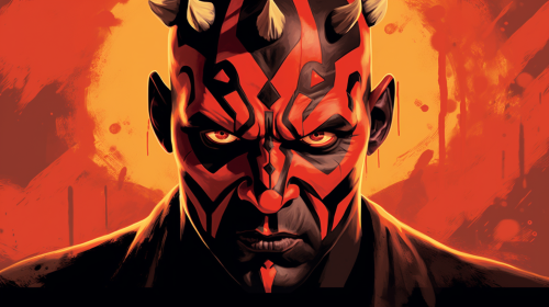 Dark Sith Darth Maul stares intensely with fire backdrop