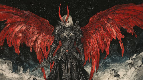 Dark armored fallen angel with red and seraph wings.