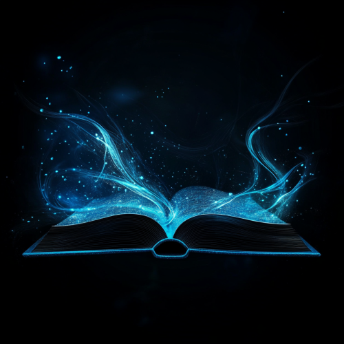 Dark background, flat vector book illuminated by blue energy.