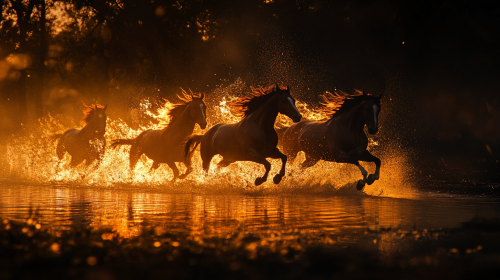 Dark dreamy galloping horses leaving fiery trails behind.