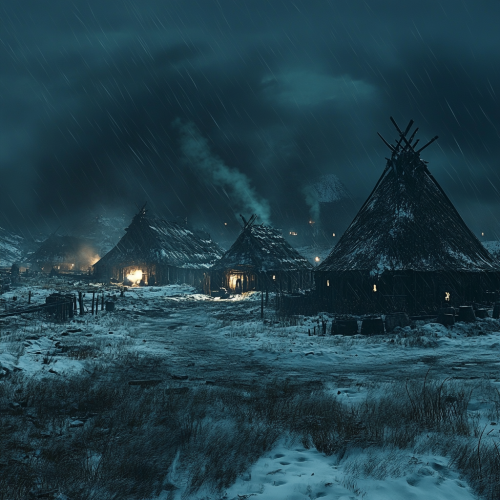 Dark fantasy tundra with small inhabited huts.