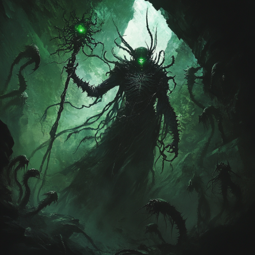 Dark figure Xanthel with chitinous skin, eerie staff, followers.