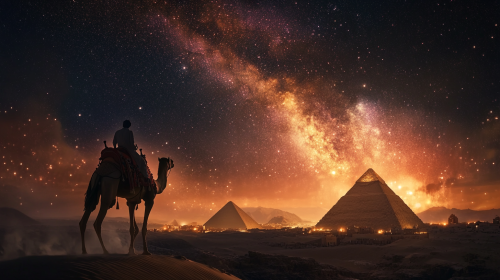 Dark galaxy night sky over Arabian desert with camel rider. Dark galaxy night sky over Arabian desert with camel rider.