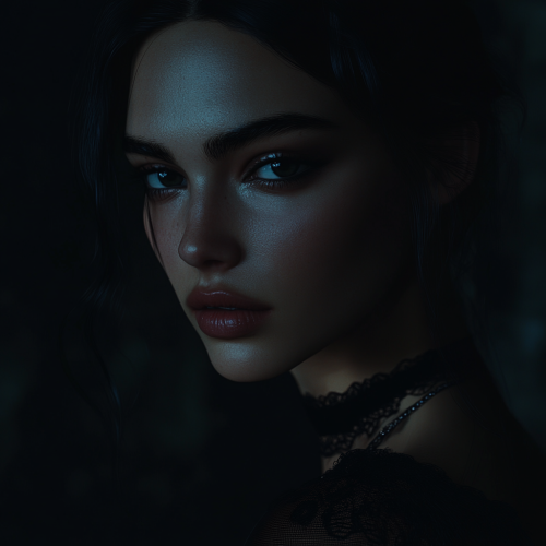 Dark-haired model in high fashion, eerie vibes