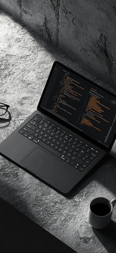 Dark laptop with code on screen, concrete background ambiance