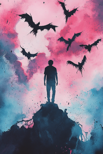 Dark silhouette surrounded by flying demons in colorful sky
