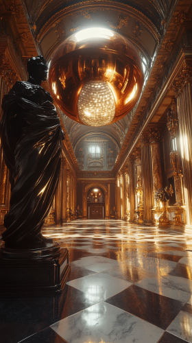 Dark statue in golden hall with shiny sphere, 4k.