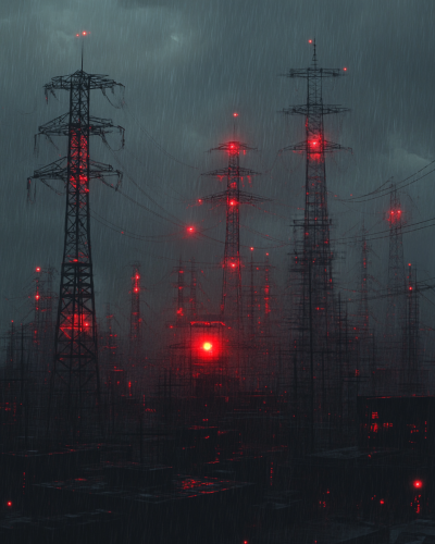 Dark transmission towers under red light in rain