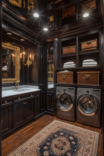 Dark wood, gold mirrors, leather, vintage sconces, washer, dryer.