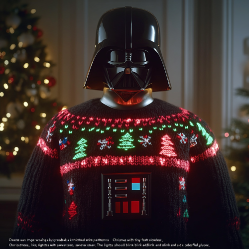 Darth Vader in festive sweater with glowing lights