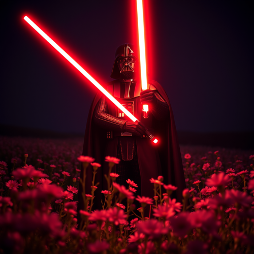 Darth Vader with lightsaber in flower field at night.