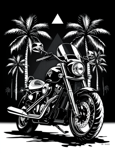 David Mann style drawing of Harley Davidson motorcycle.