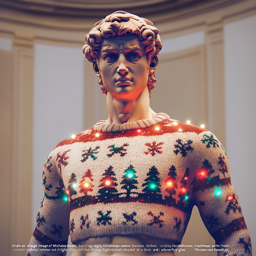 David wearing big sweater with Christmas lights glow