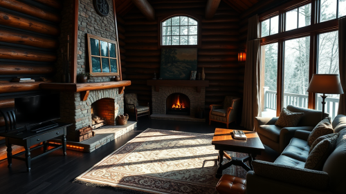 Daylight in Cabin's Great Room by Fireplace Desk