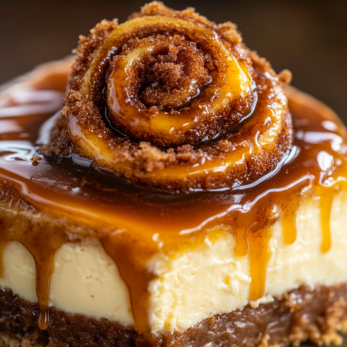 Decadent honeybun cheesecake with cinnamon roll swirls