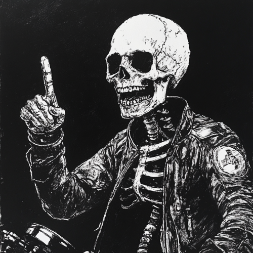 Defiant skeleton in motorcycle jacket flipping middle finger backwards.