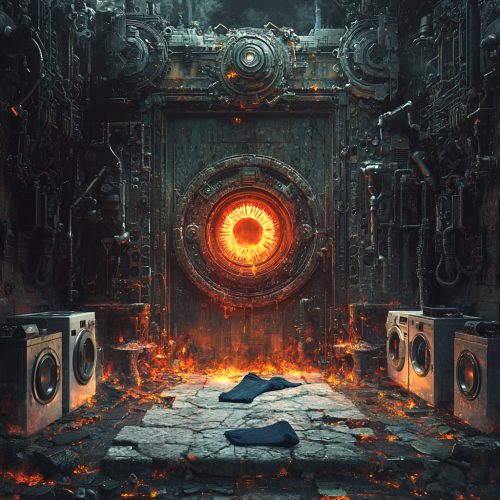 Deity altar surrounded by washing machines and socks.