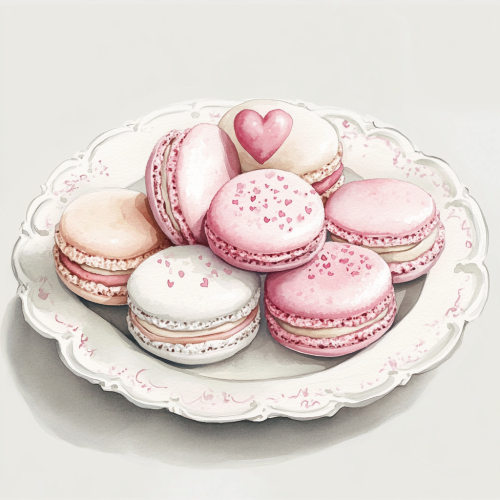 Delicate pink and white macaroons on plate, heart-shaped decoration