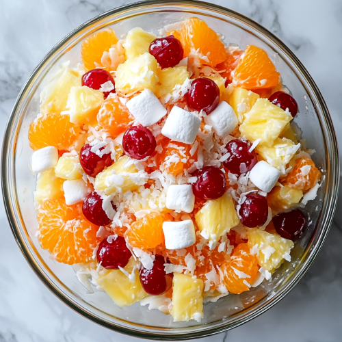 Delicious Ambrosia Salad: Pineapple, Mandarin, Marshmallow, Cherry, Coconut