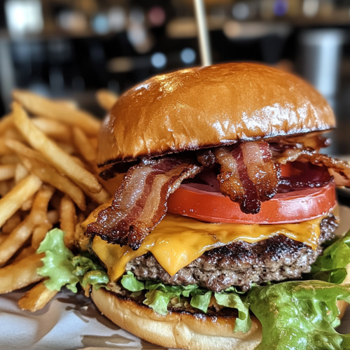 Delicious Bacon Cheeseburger with Fries