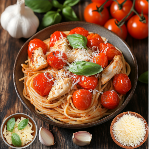 Delicious Bruschetta Chicken Pasta Dish with Fresh Ingredients
