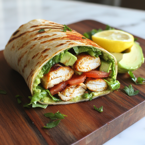 Delicious Chicken and Avocado Wrap on Wooden Board