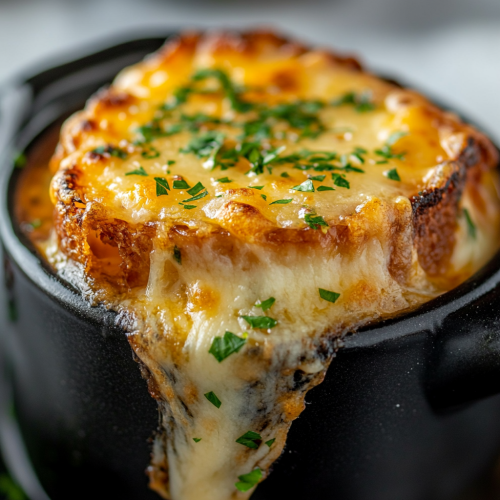 Delicious French onion soup with melted cheese