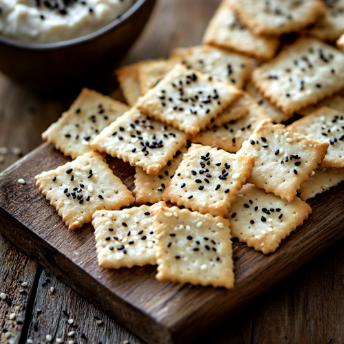 Delicious almond flour crackers on rustic wooden board