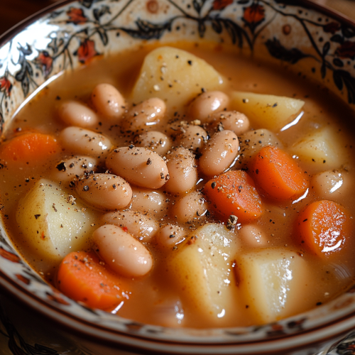 Delicious bean and vegetable soup in a floral bowl