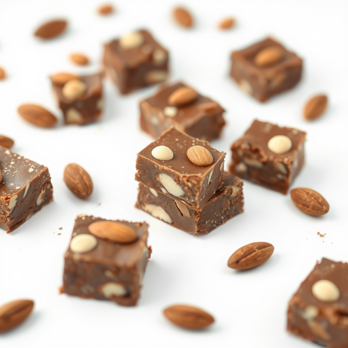 Delicious chocolate almond fudge on a white background.