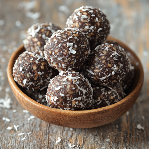 Delicious energy balls with dates, nuts, cacao and coconut