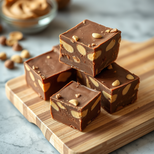 Delicious homemade peanut butter chocolate fudge displayed beautifully.