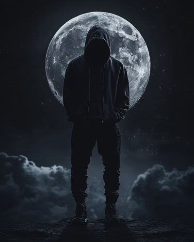 Depressed man in cyberpunk hoodie under cosmic moon.