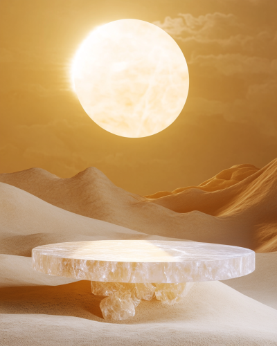 Desert dune with crystal oval platform, golden sky contrast.