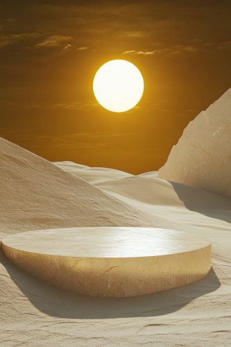Desert dune with yellow crystal platform under cosmic sky. Desert dune with yellow crystal platform under cosmic sky.